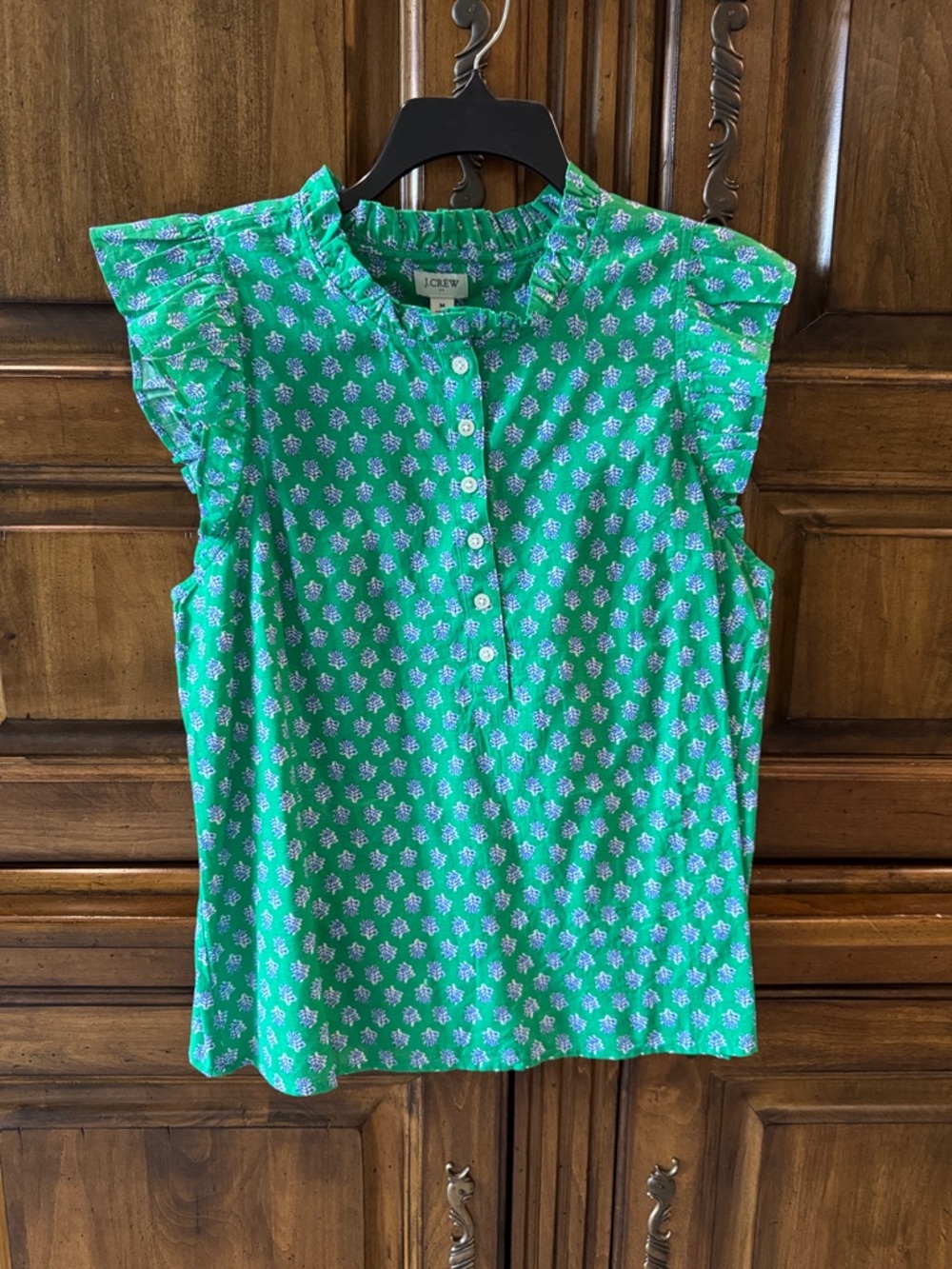 J. Crew Green Floral Ruffle-Trim Button Front Top NWT - Medium